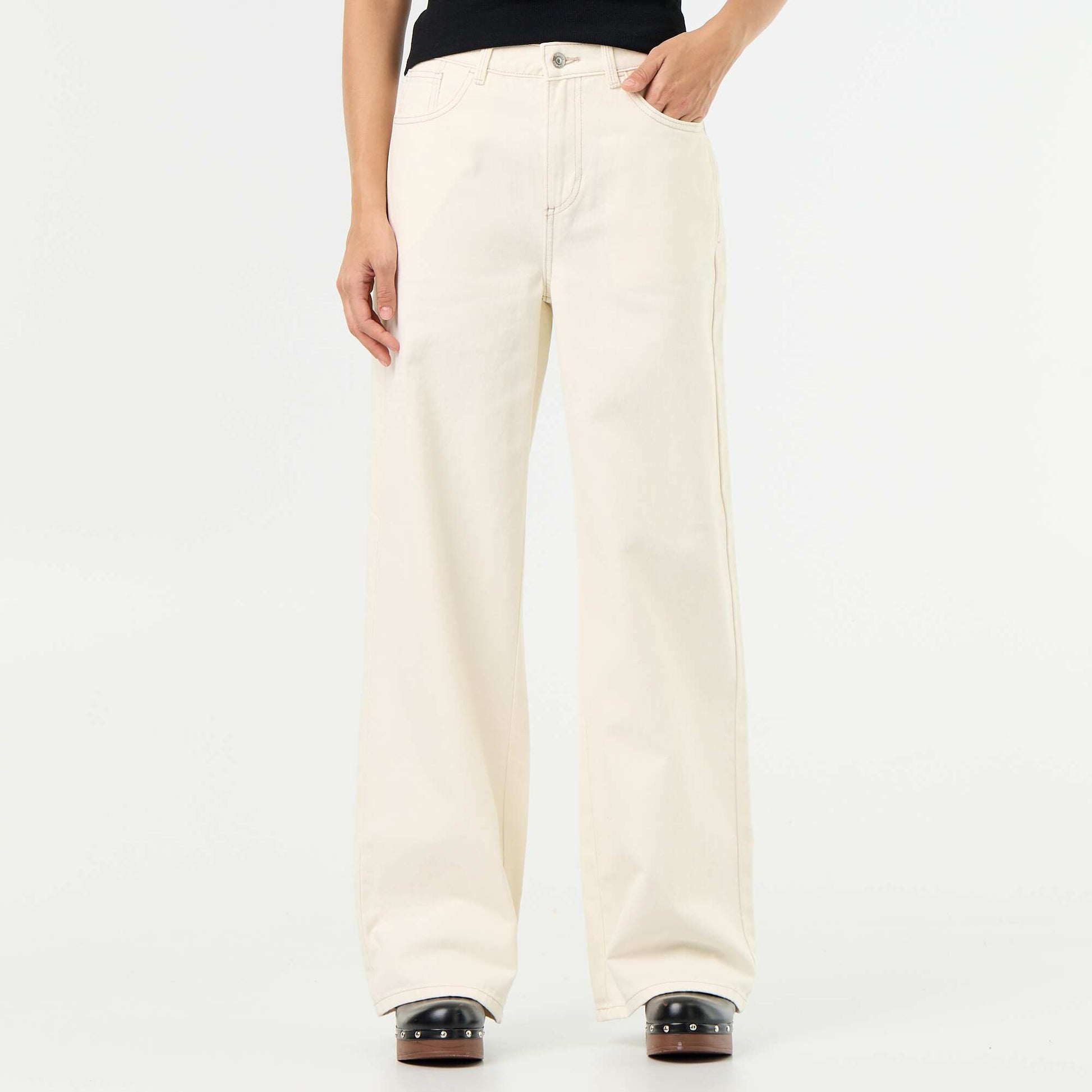 High-waisted wide-leg twill pants BEIGE