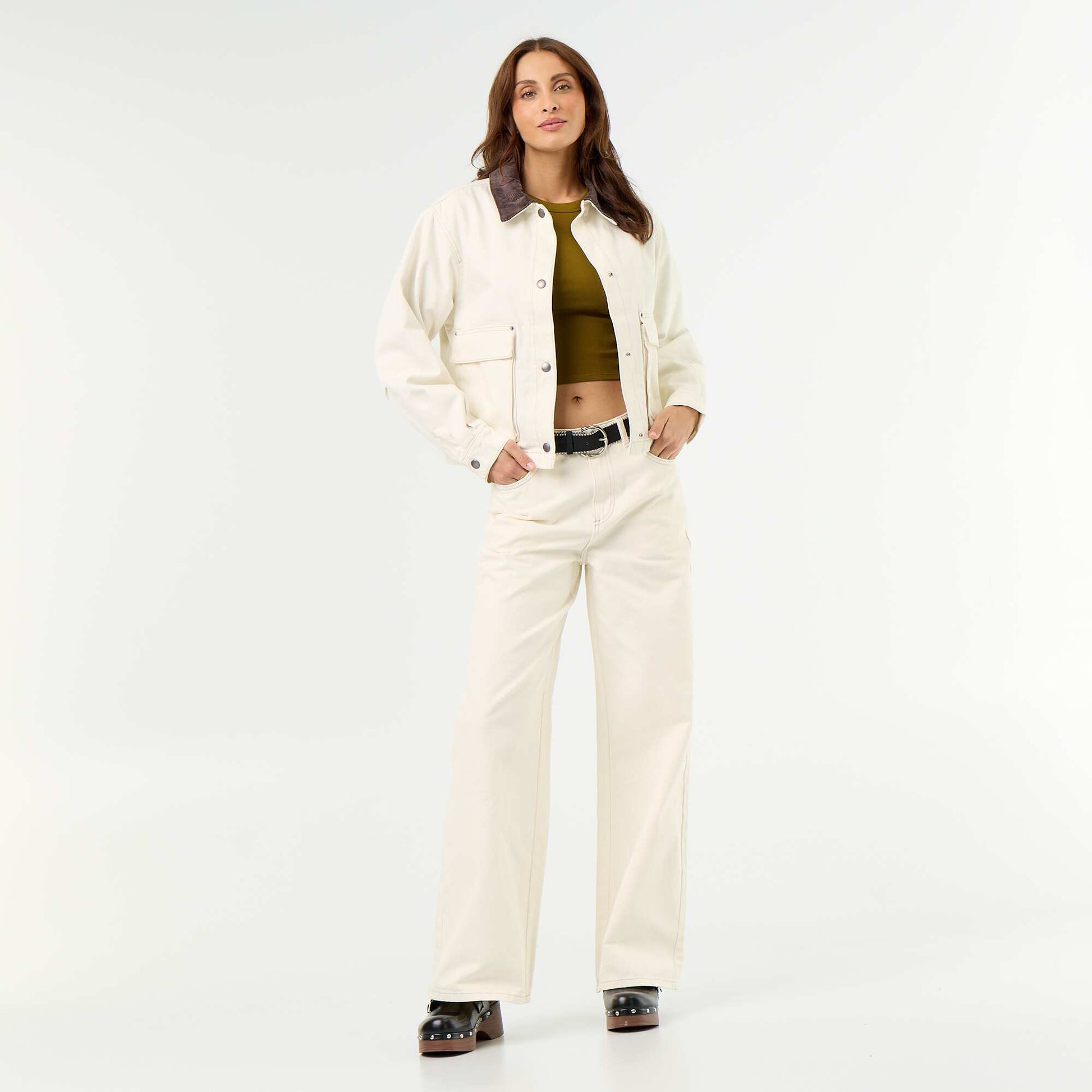 Denim workwear jacket with velvet collar BEIGE