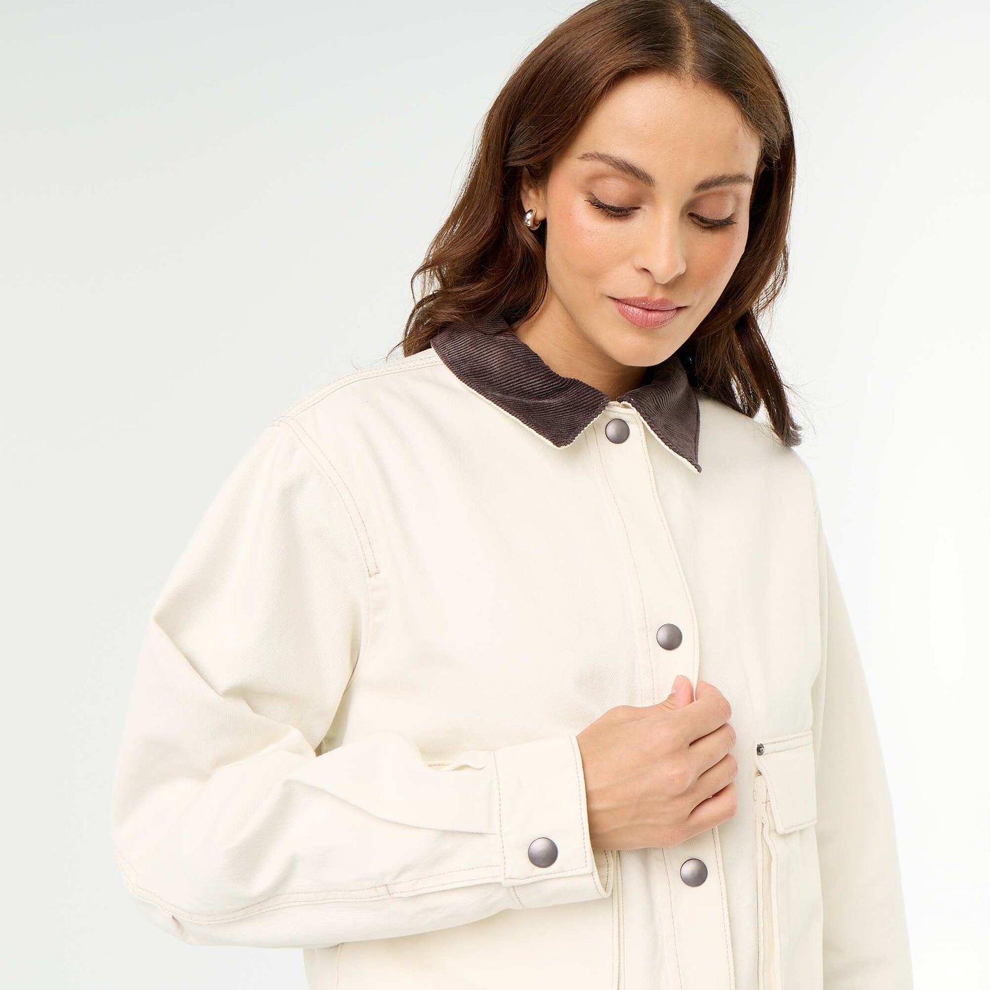 Denim workwear jacket with velvet collar BEIGE