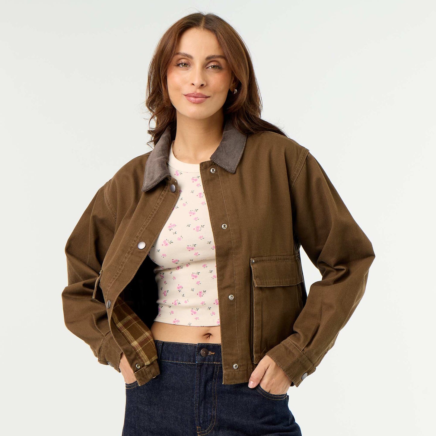Denim workwear jacket with velvet collar BROWN