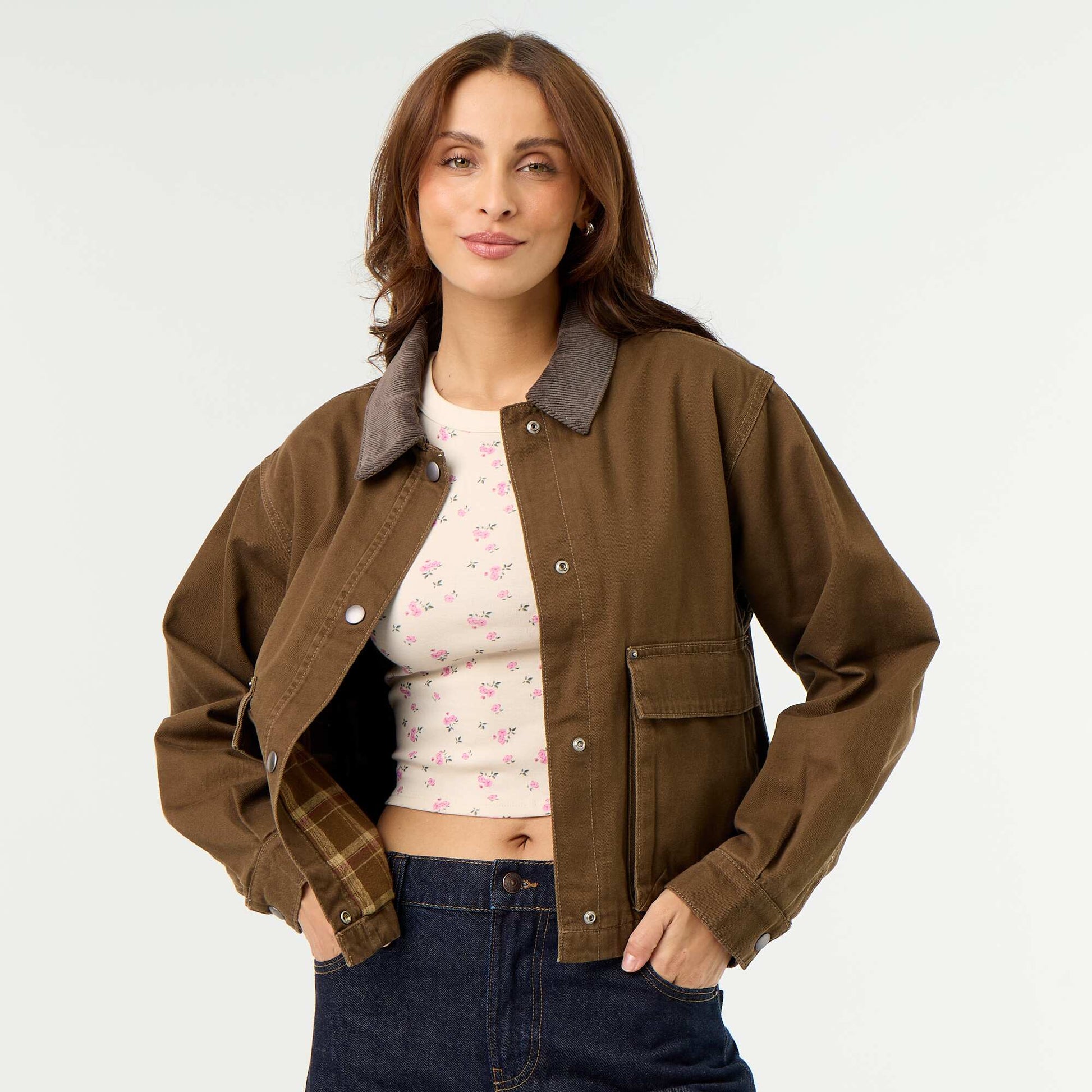 Denim workwear jacket with velvet collar BROWN