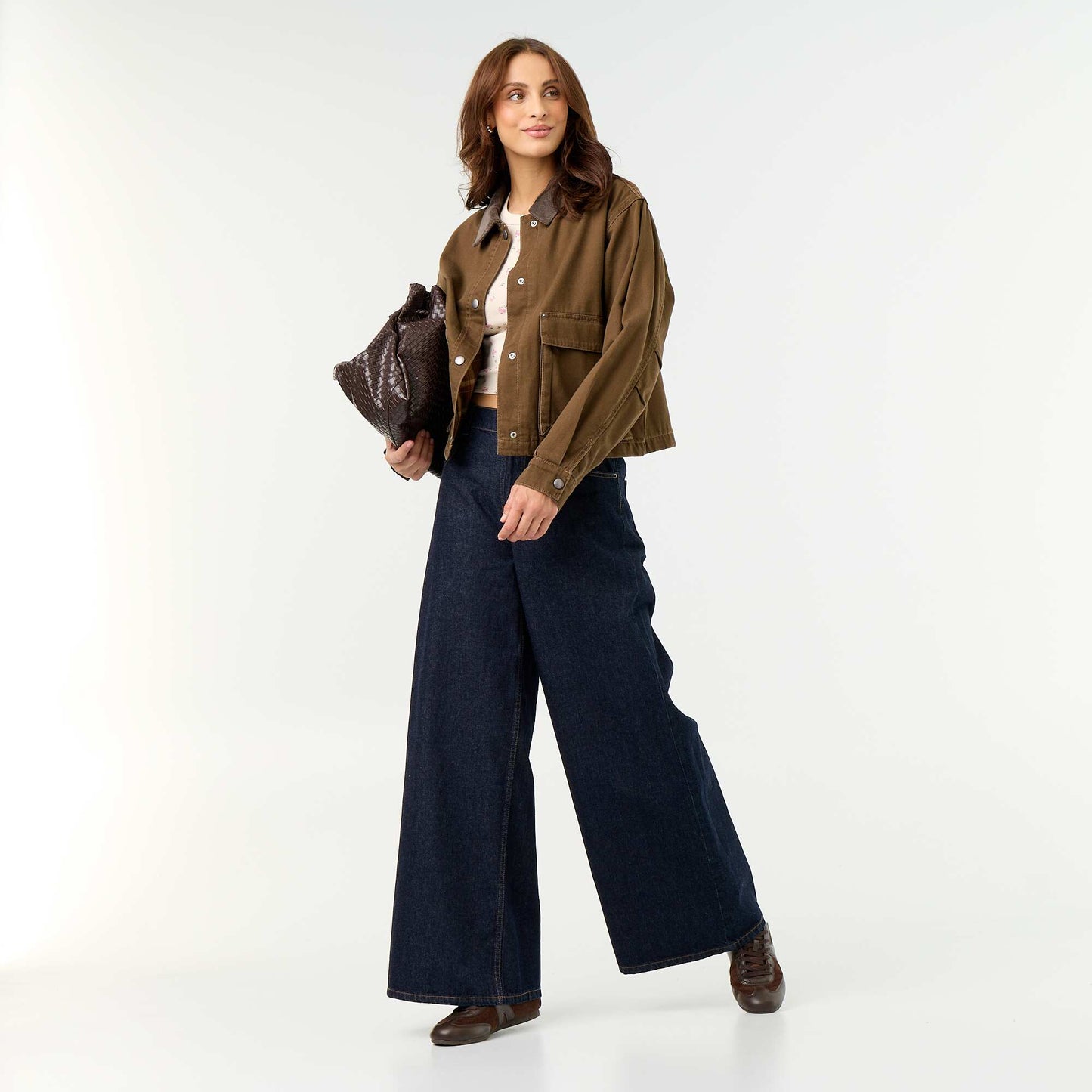 Denim workwear jacket with velvet collar BROWN