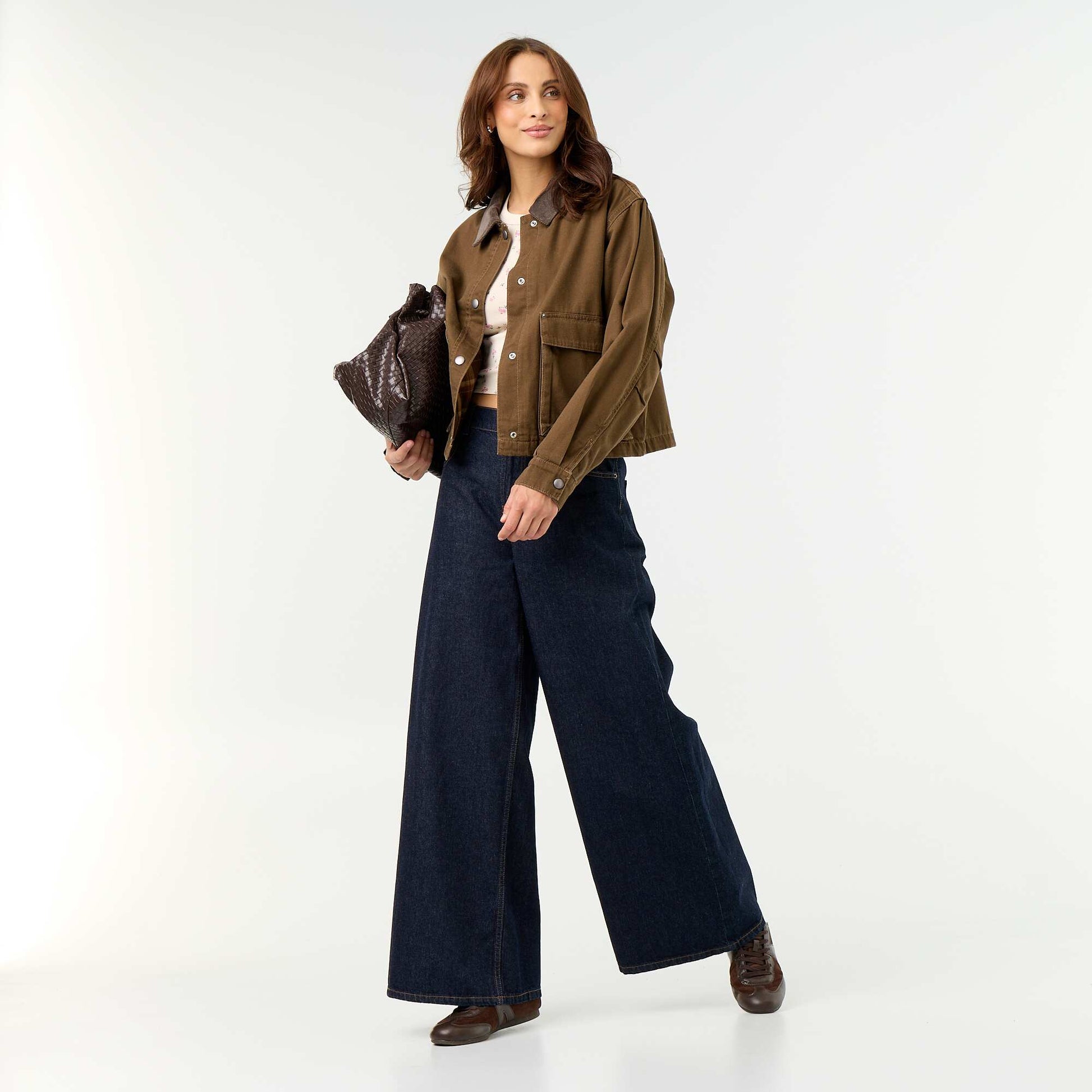 Denim workwear jacket with velvet collar BROWN