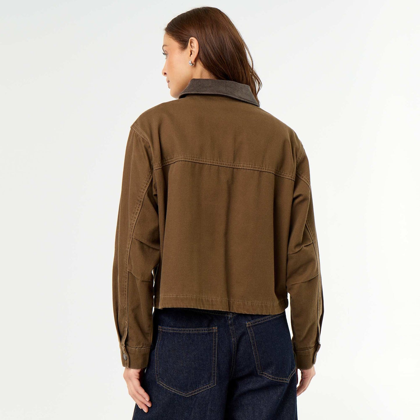 Denim workwear jacket with velvet collar BROWN