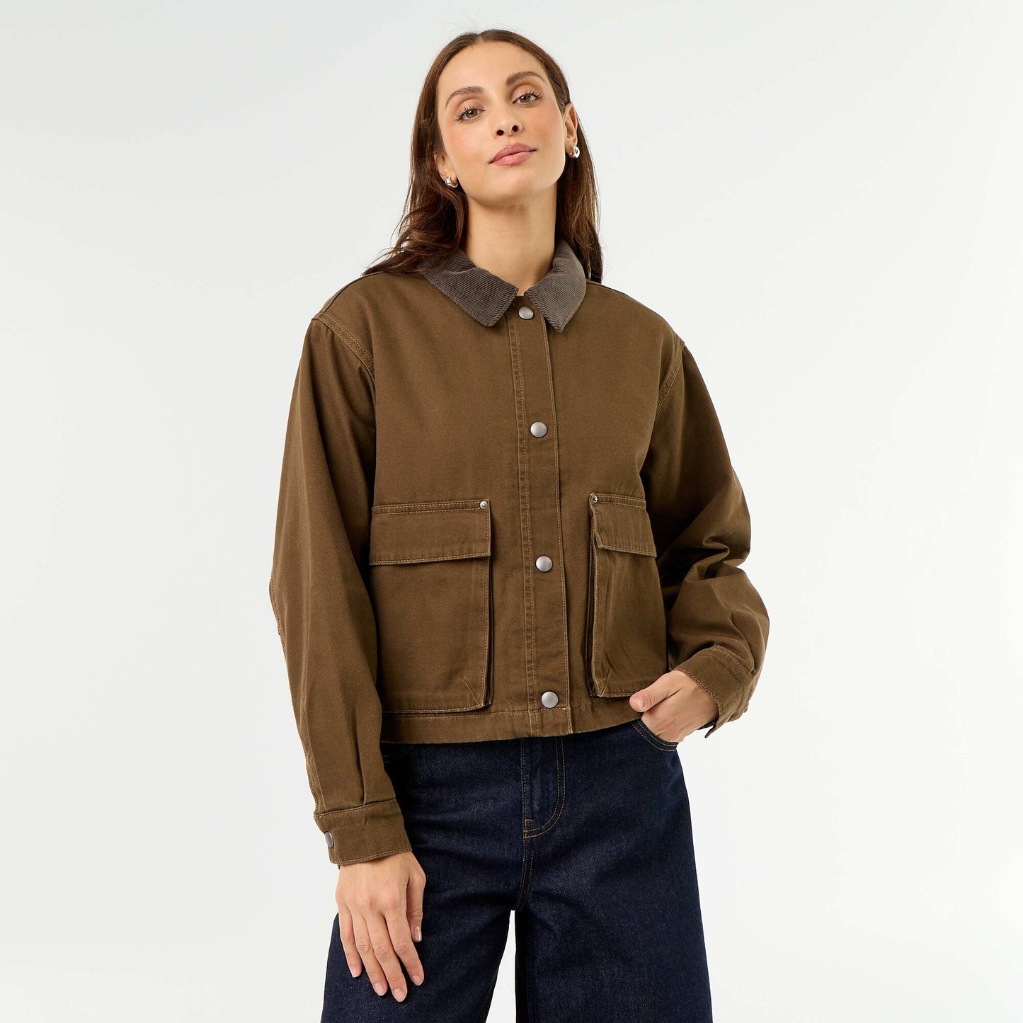 Denim workwear jacket with velvet collar BROWN