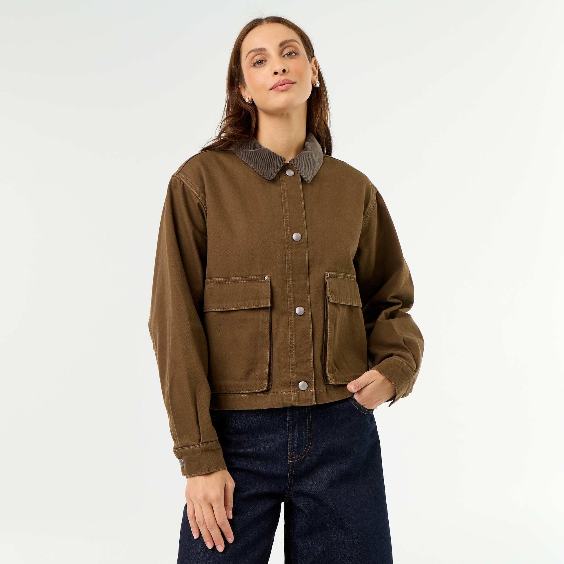 Denim workwear jacket with velvet collar BROWN