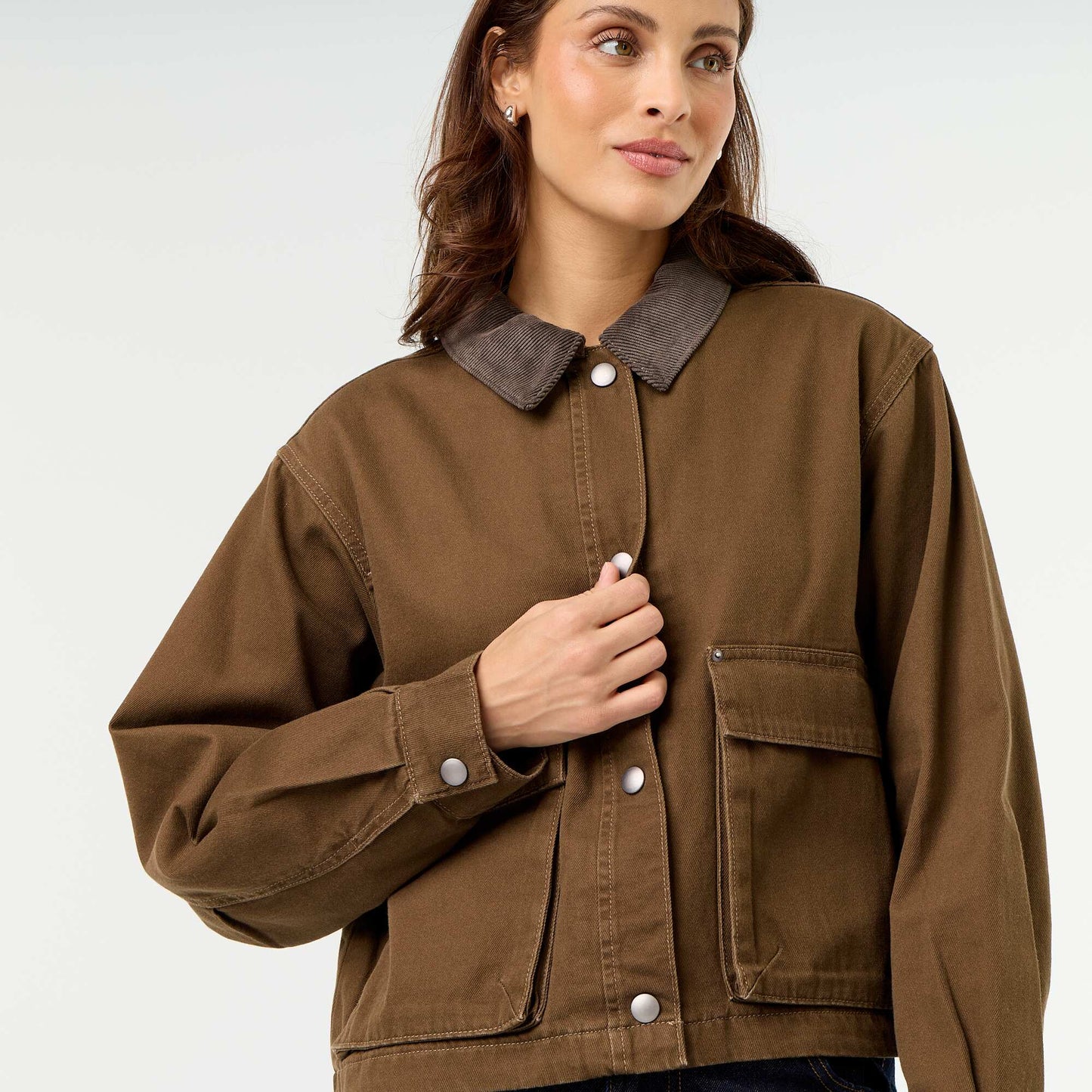Denim workwear jacket with velvet collar BROWN