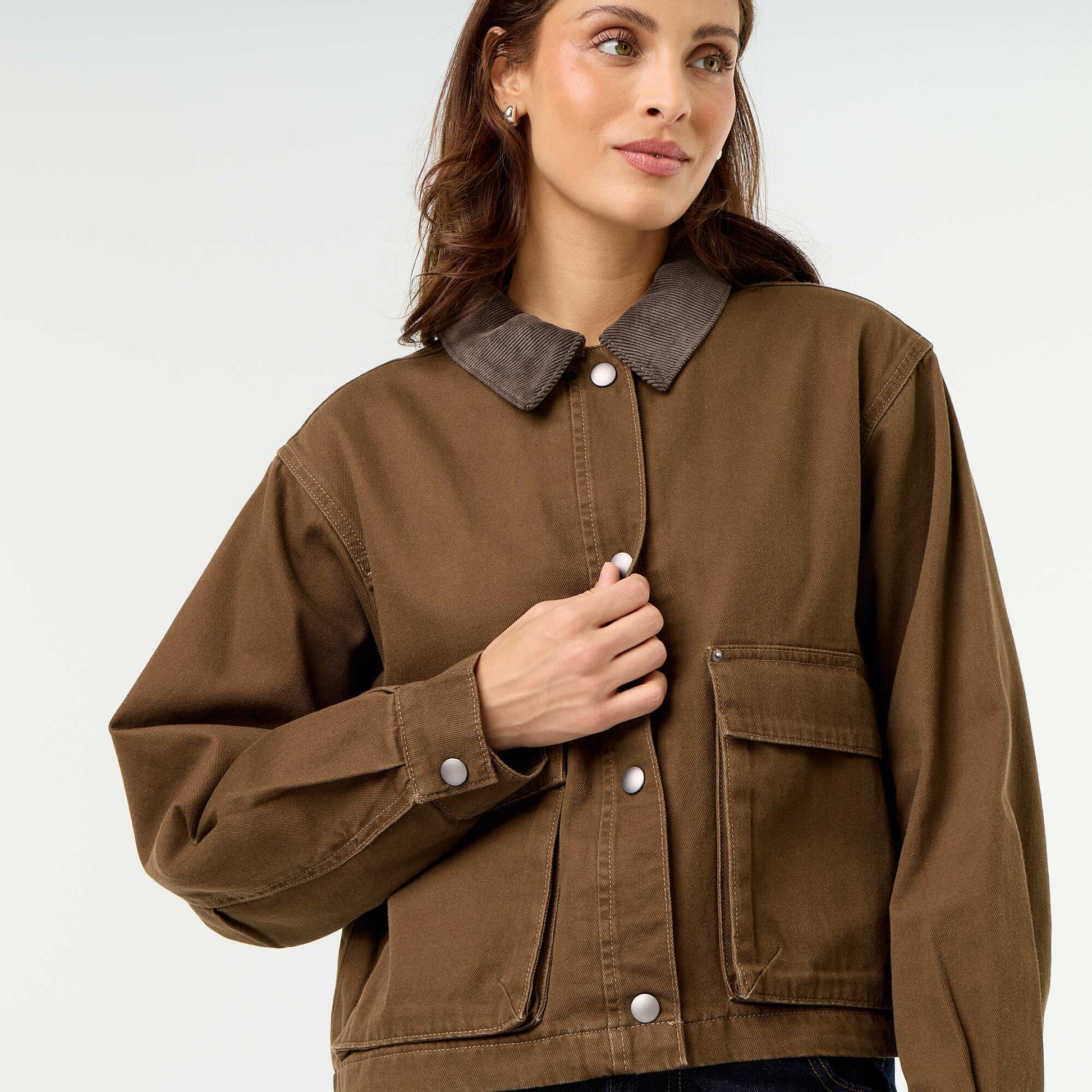 Denim workwear jacket with velvet collar BROWN