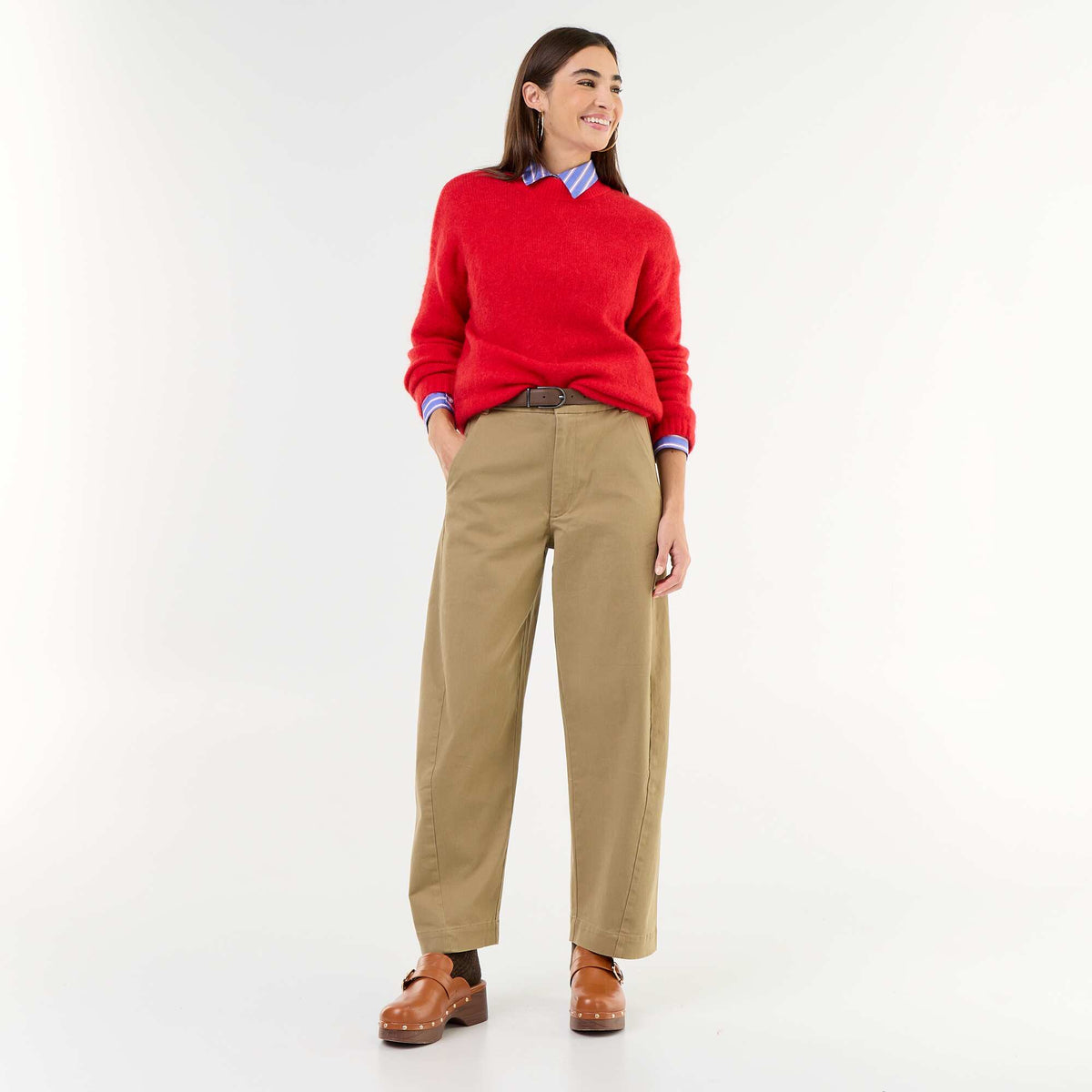 Wide-leg barrel trousers with faux leather belt BEIGE