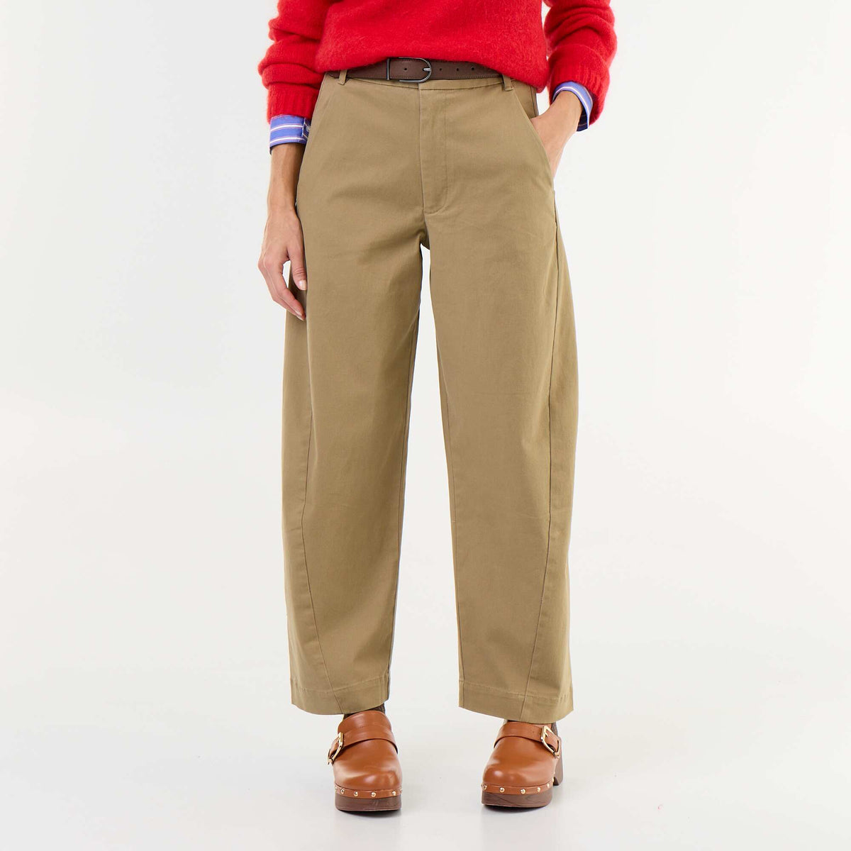 Wide-leg barrel trousers with faux leather belt BEIGE