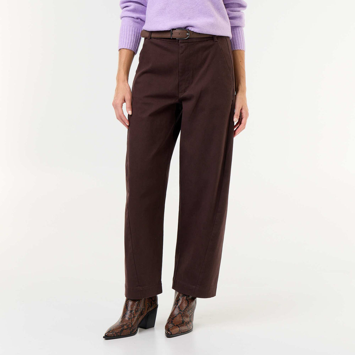Wide-leg barrel trousers with faux leather belt BROWN