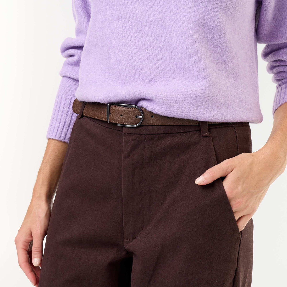 Wide-leg barrel trousers with faux leather belt BROWN