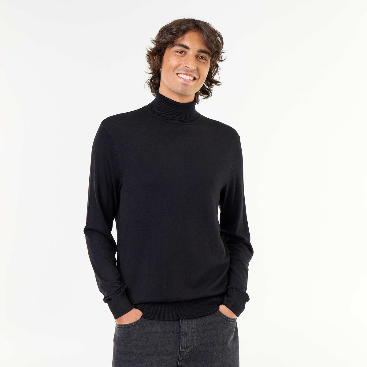 Plain fine-knit turtleneck BLACK