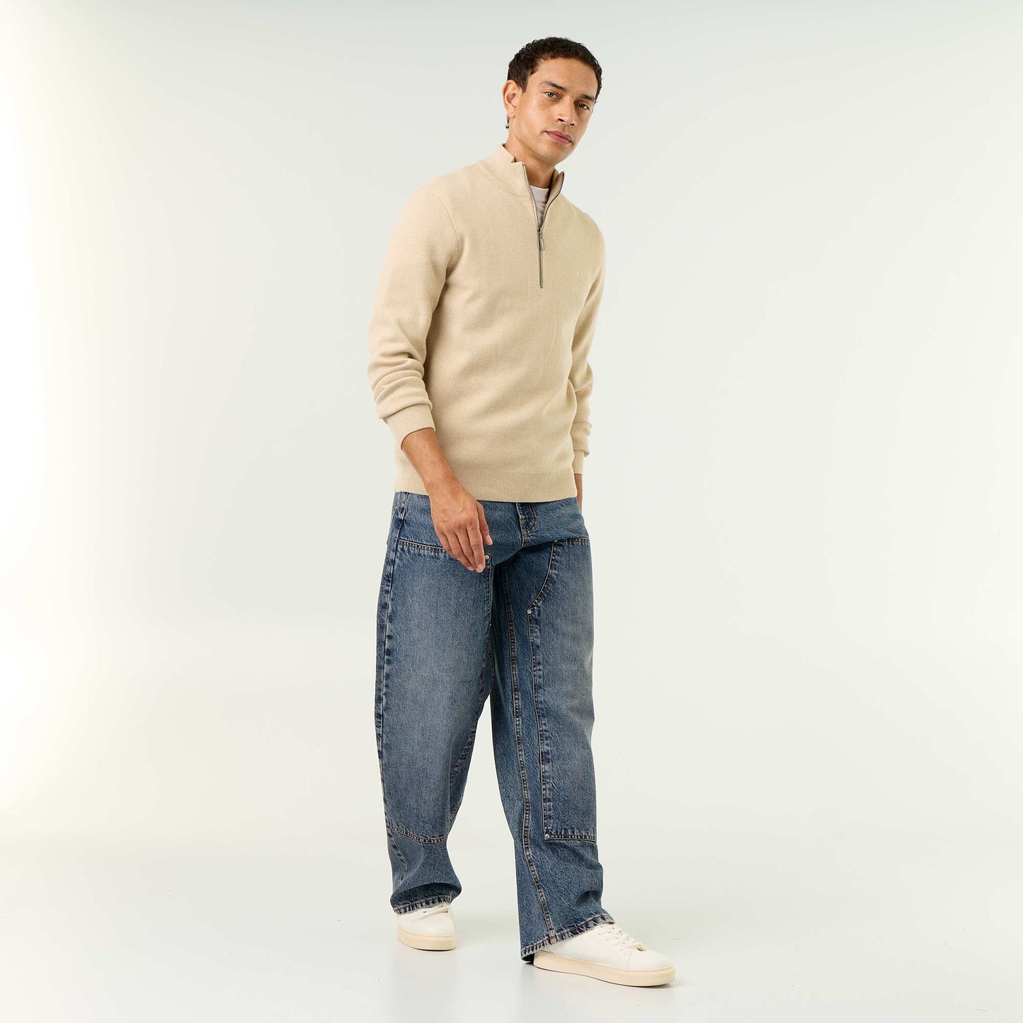 Zipped High-Neck Sweater BEIGE
