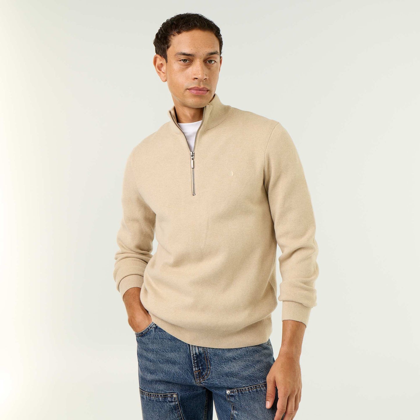 Zipped High-Neck Sweater BEIGE
