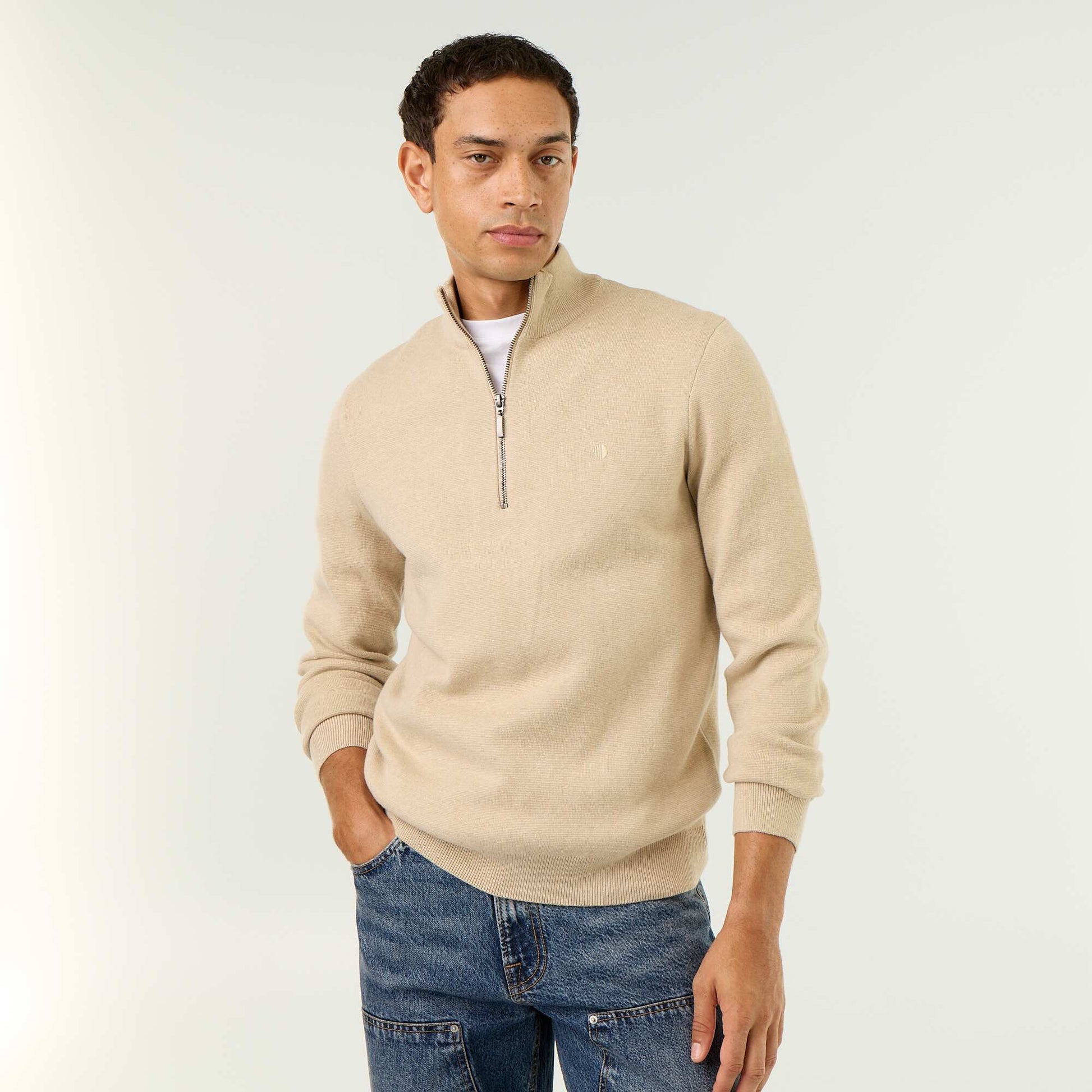 Zipped High-Neck Sweater BEIGE