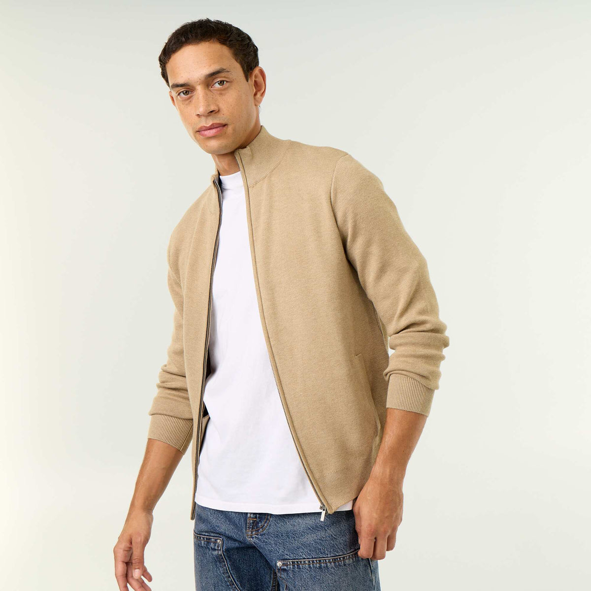Zipped High-Neck Cardigan BEIGE