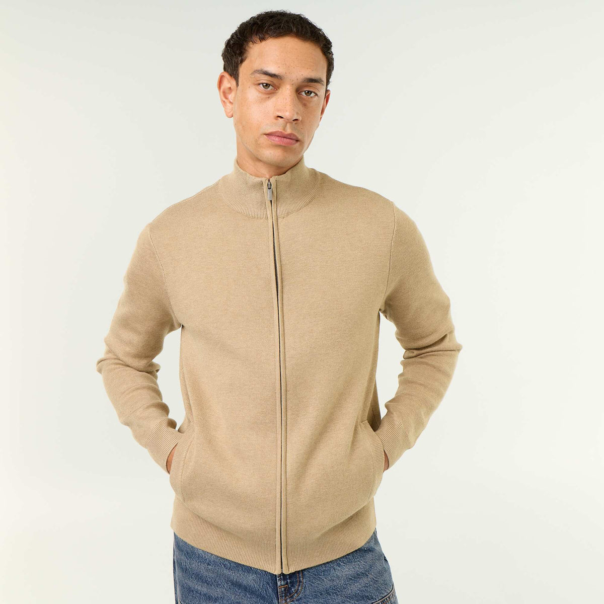 Zipped High-Neck Cardigan BEIGE