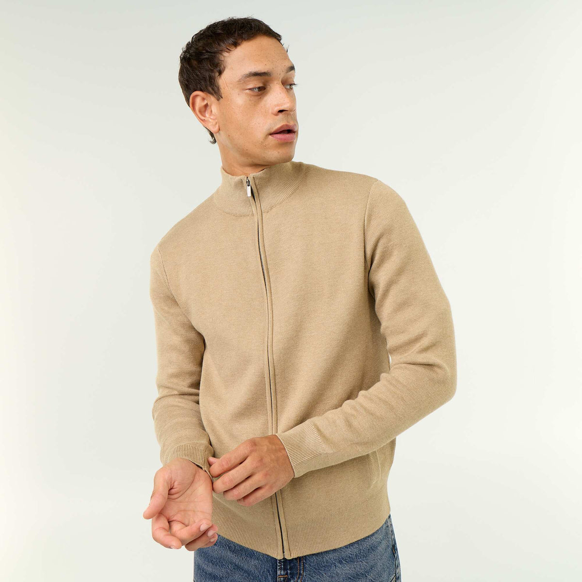 Zipped High-Neck Cardigan BEIGE