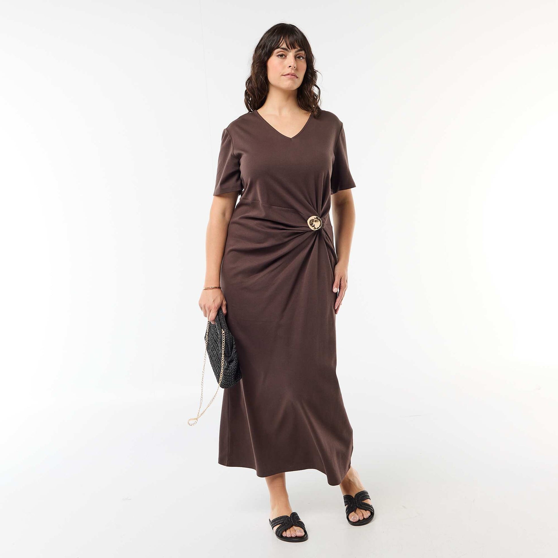 Pleated Maxi Dress with Hammered Gold Detail BROWN