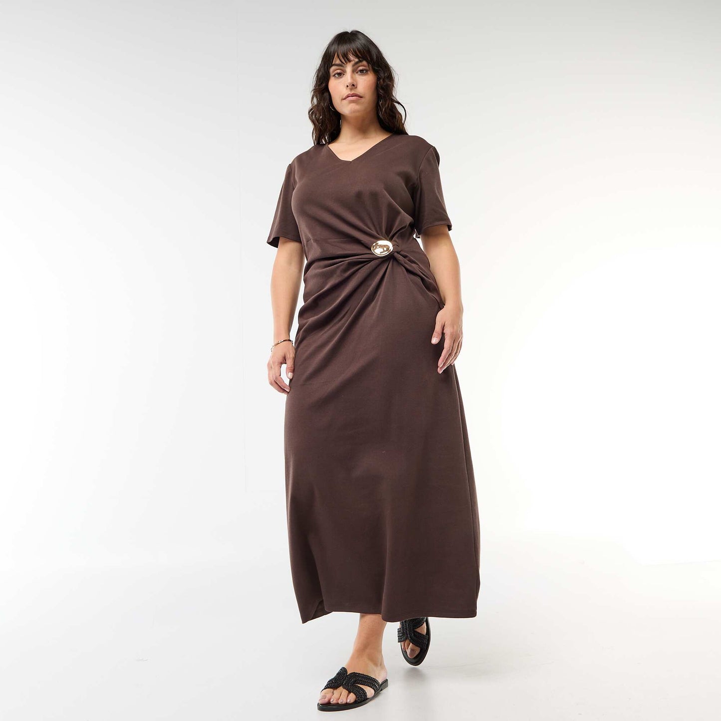 Pleated Maxi Dress with Hammered Gold Detail BROWN