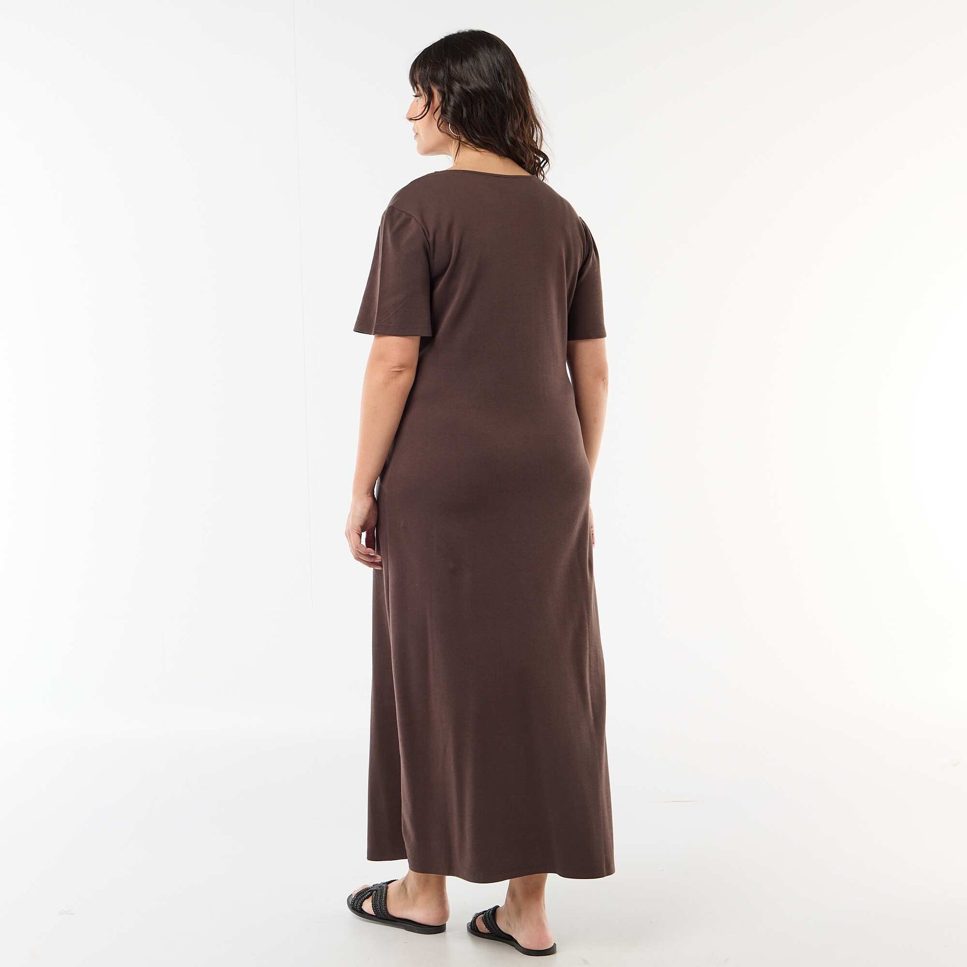 Pleated Maxi Dress with Hammered Gold Detail BROWN