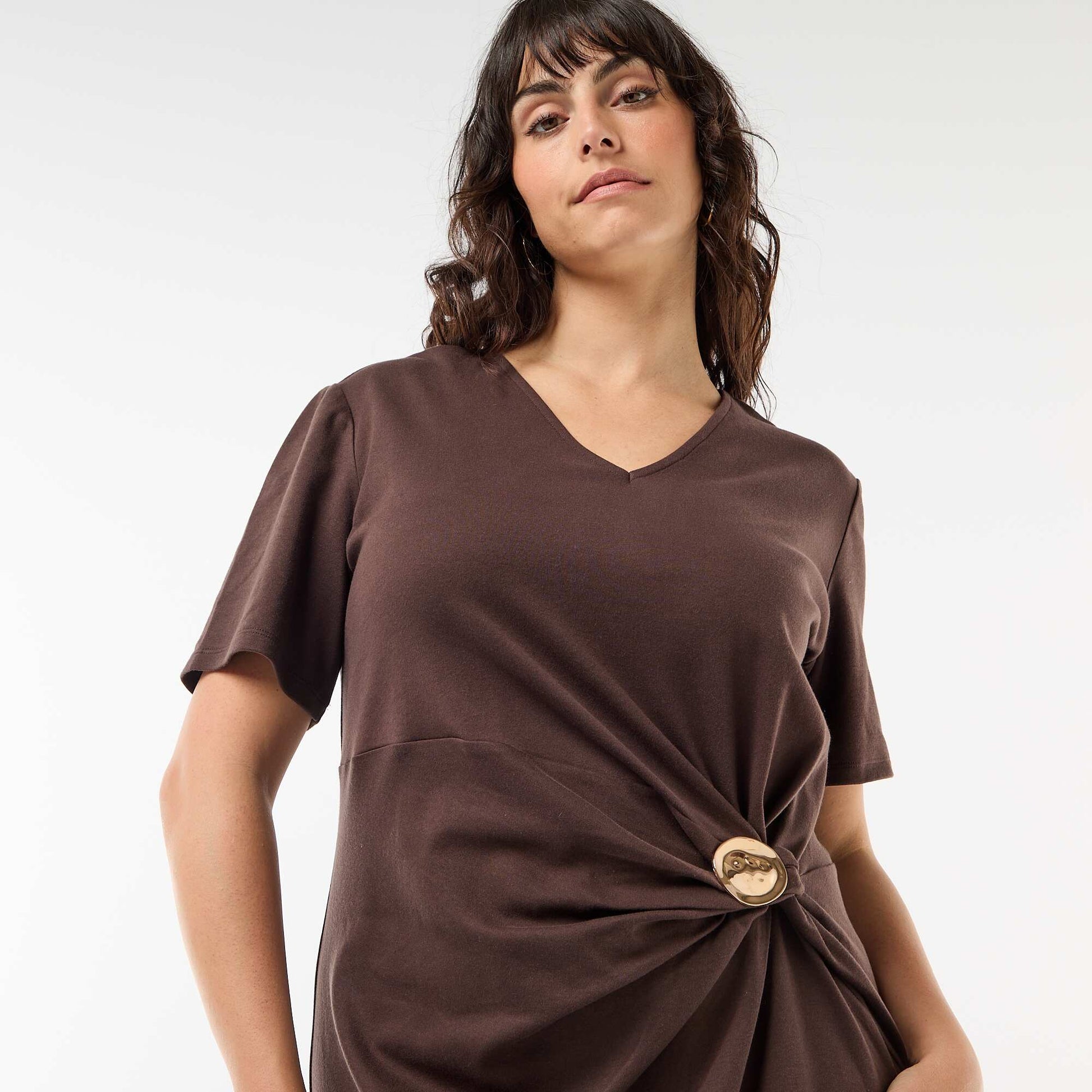 Pleated Maxi Dress with Hammered Gold Detail BROWN