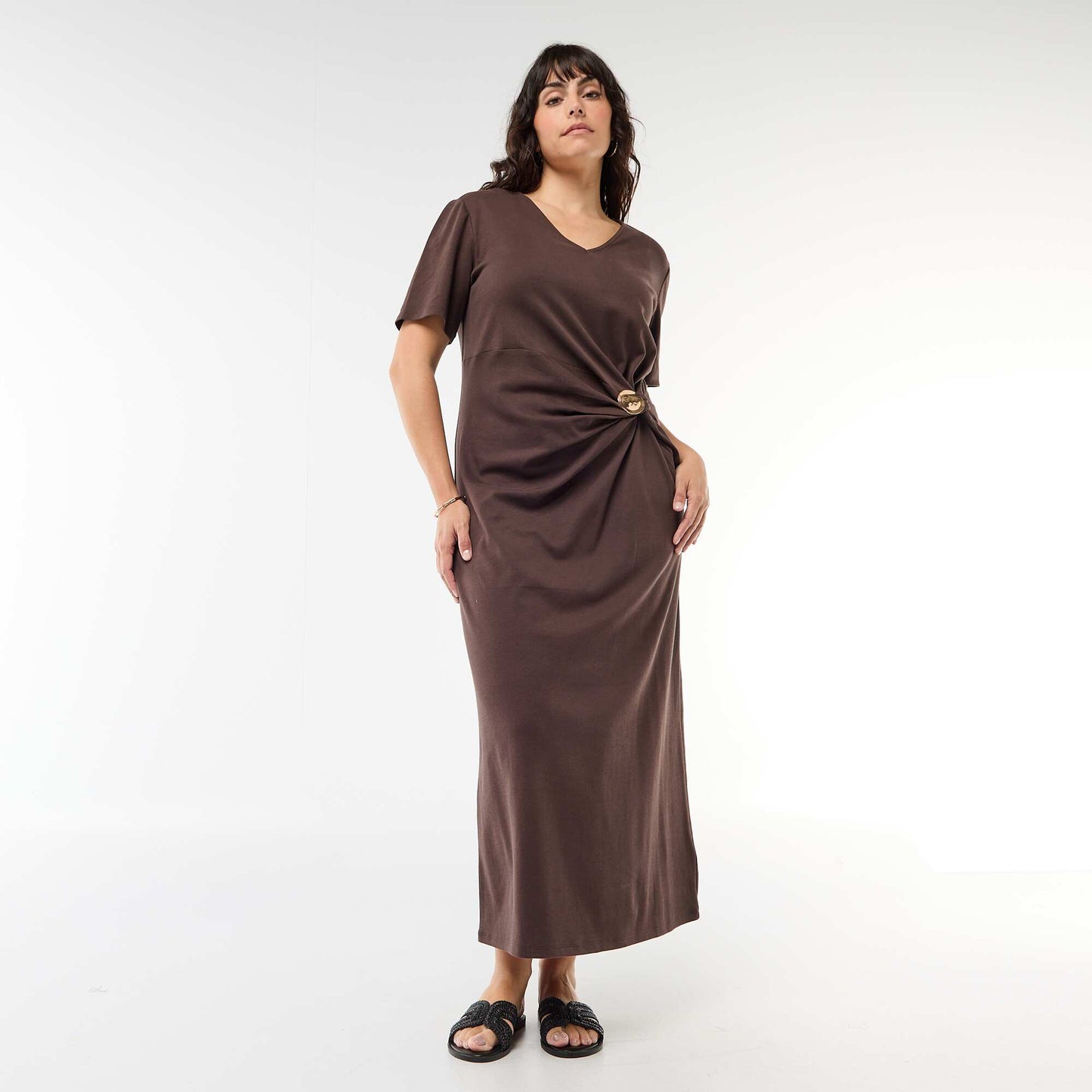 Pleated Maxi Dress with Hammered Gold Detail BROWN
