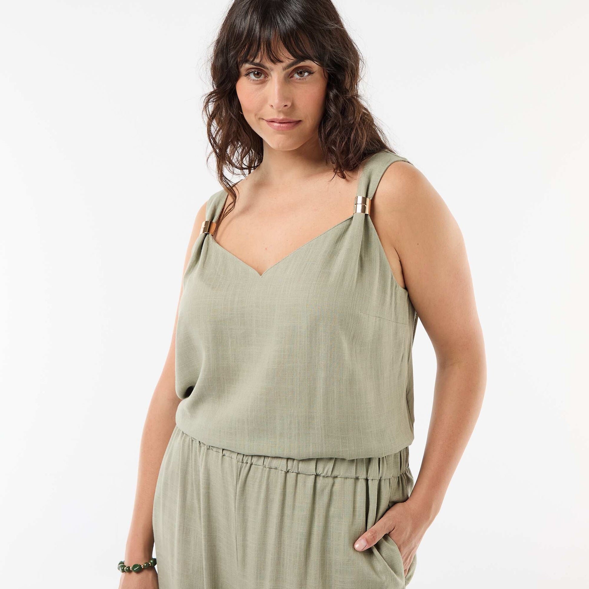 Fluid linen blend top with gold embellishments GREEN