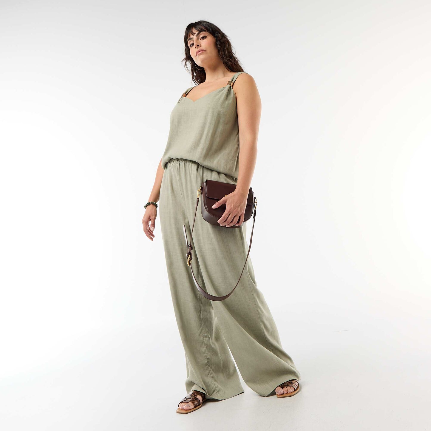 Fluid linen blend top with gold embellishments GREEN