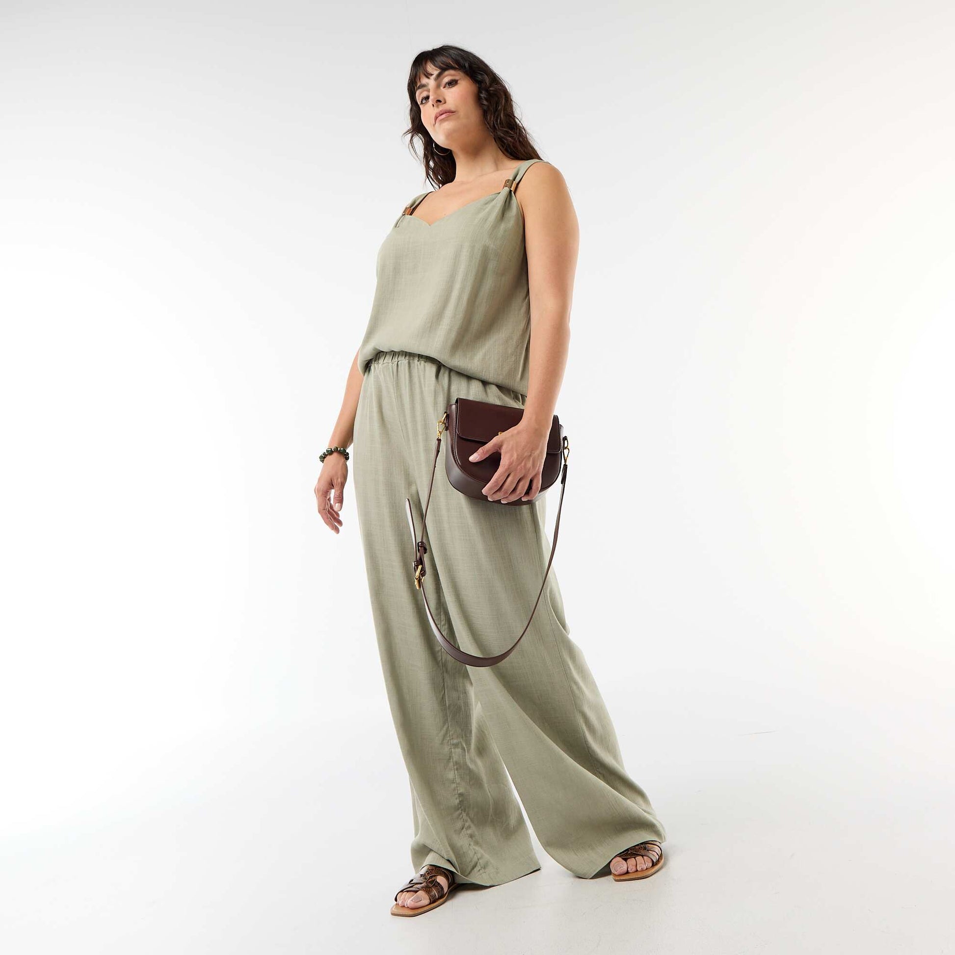 Fluid linen blend top with gold embellishments GREEN