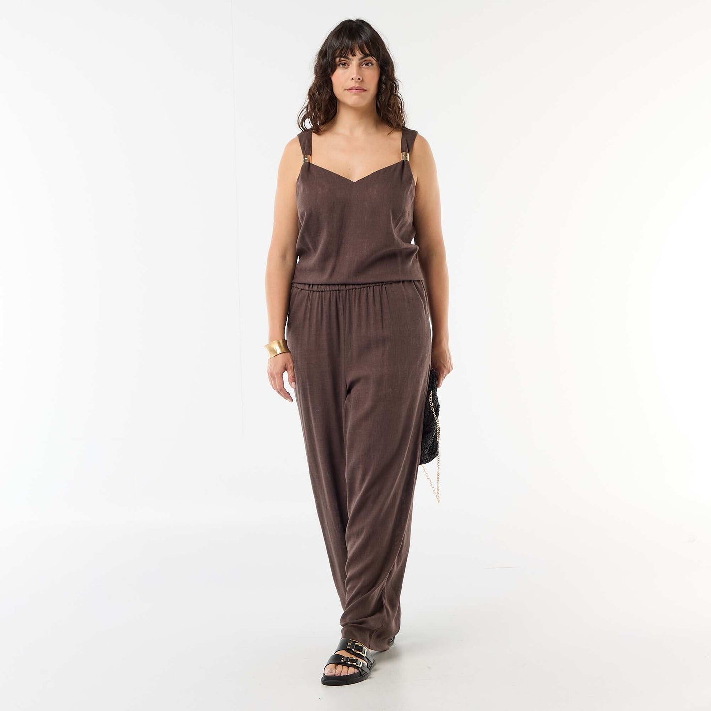 Fluid linen blend top with gold embellishments BROWN