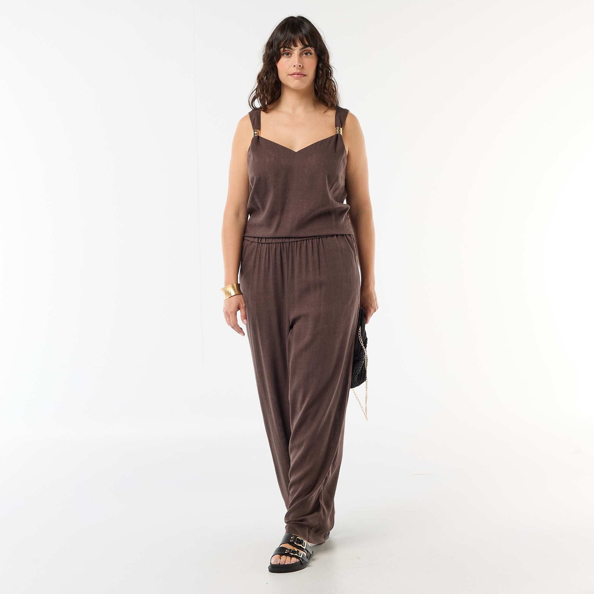 Fluid linen blend top with gold embellishments BROWN