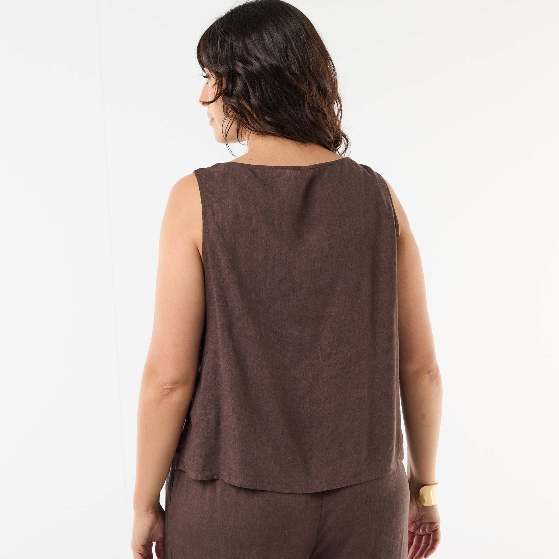 Fluid linen blend top with gold embellishments BROWN