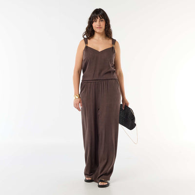 Wide-leg linen blend pants BROWN