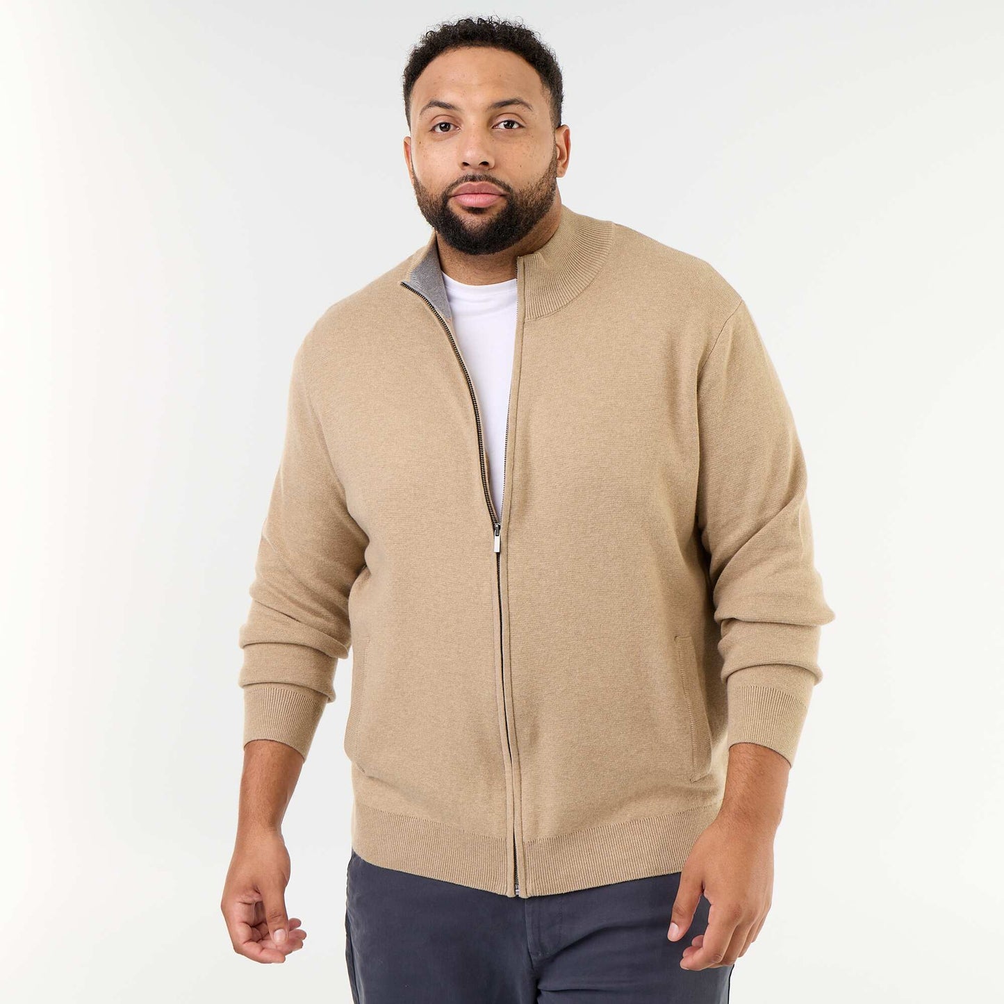 High-Neck Zip-Up Cardigan BEIGE