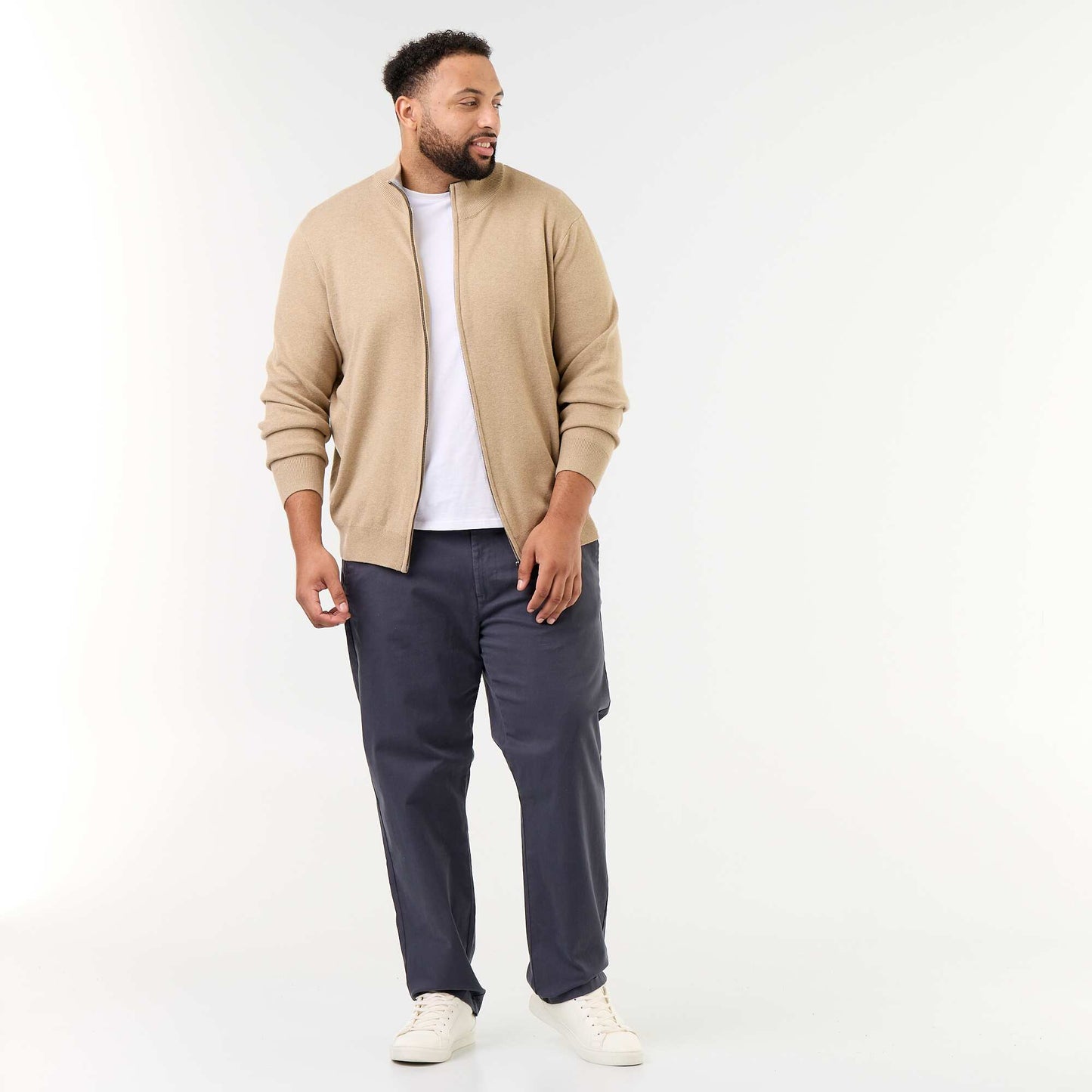 High-Neck Zip-Up Cardigan BEIGE