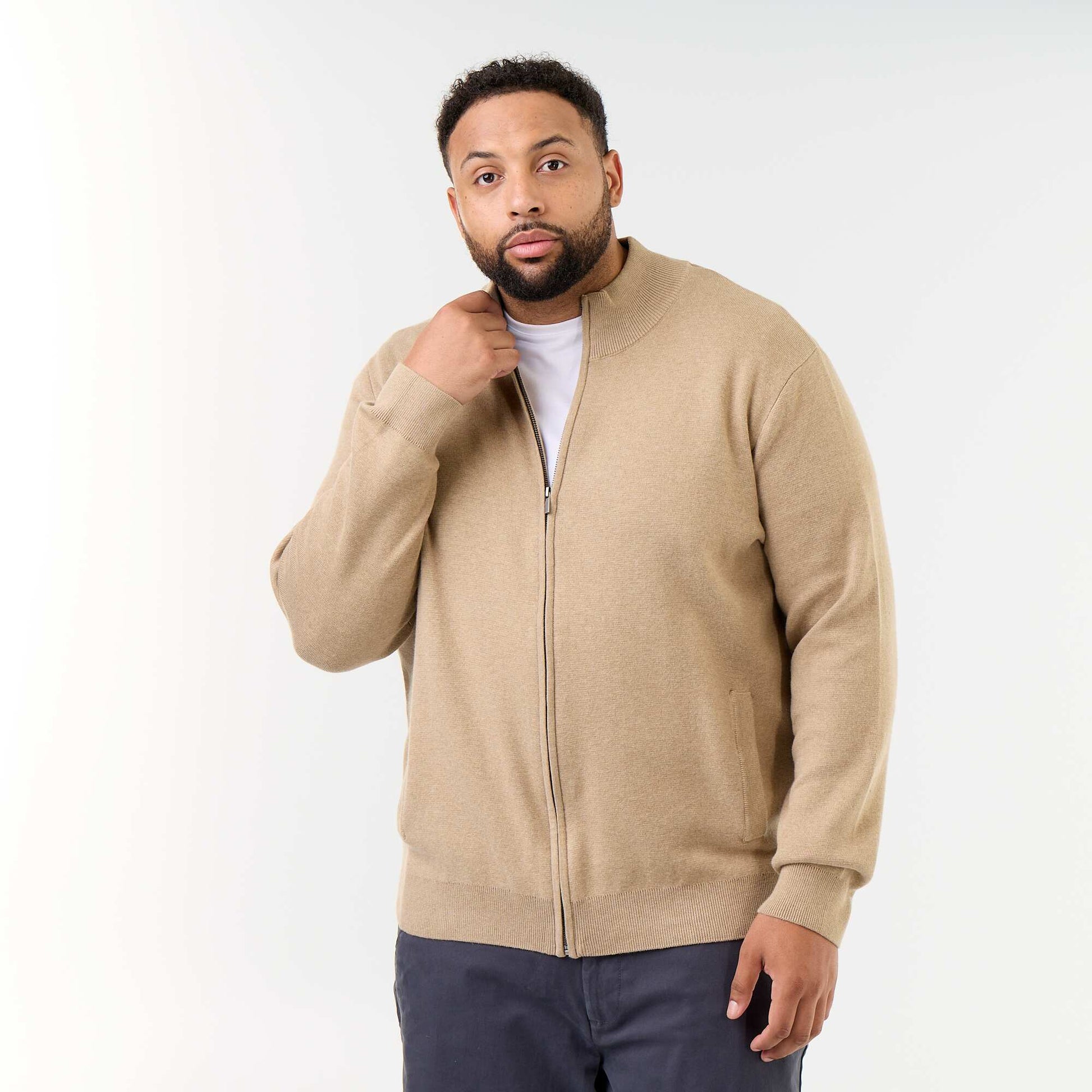 High-Neck Zip-Up Cardigan BEIGE