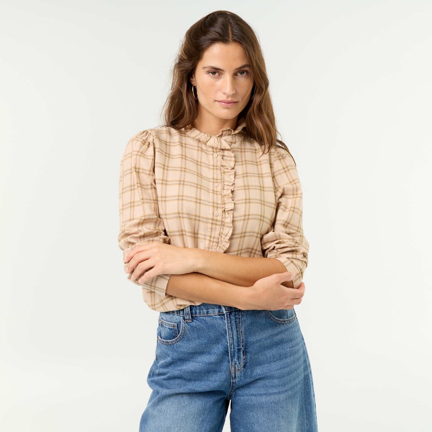 Ruffled Mock Neck Blouse BEIGE