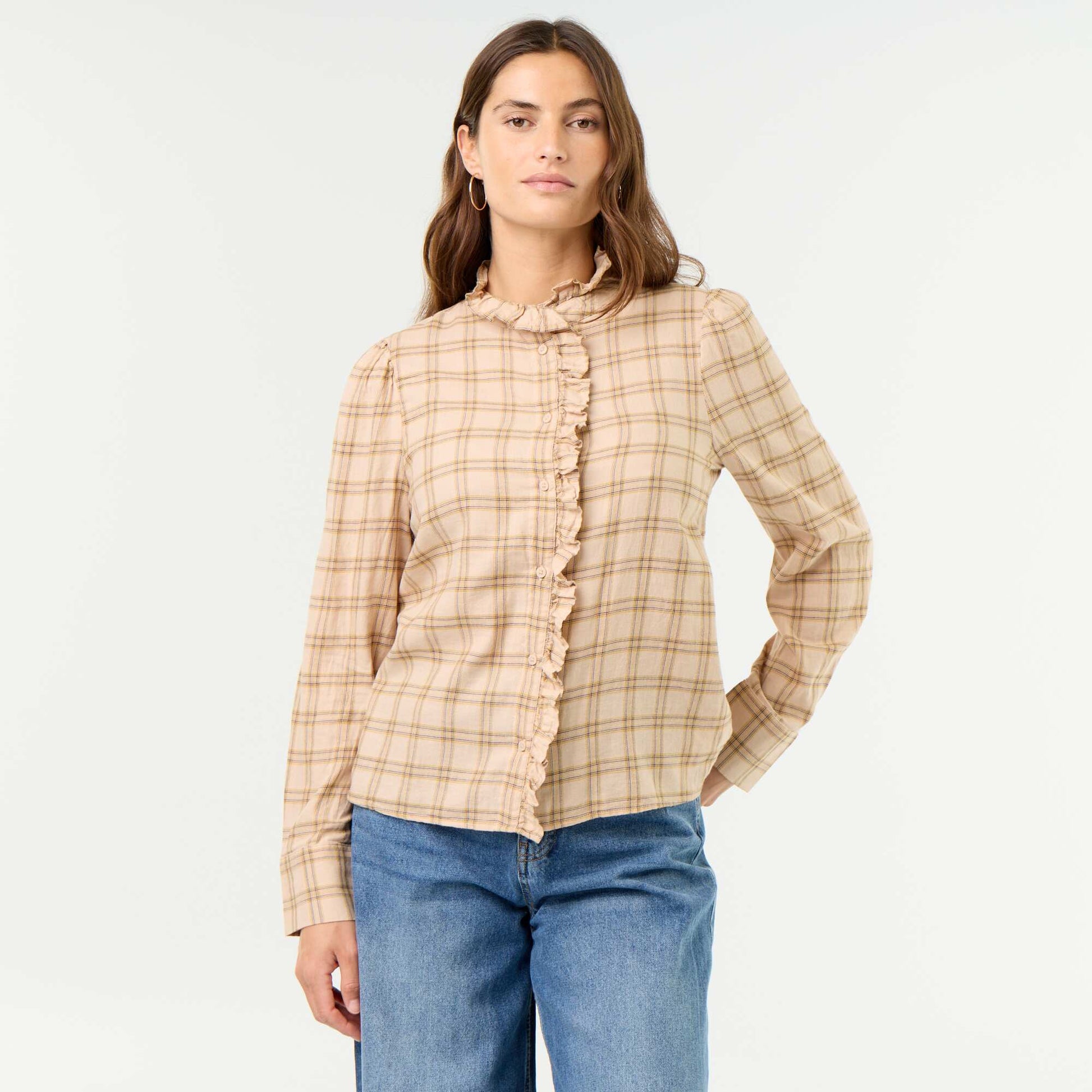 Ruffled Mock Neck Blouse BEIGE
