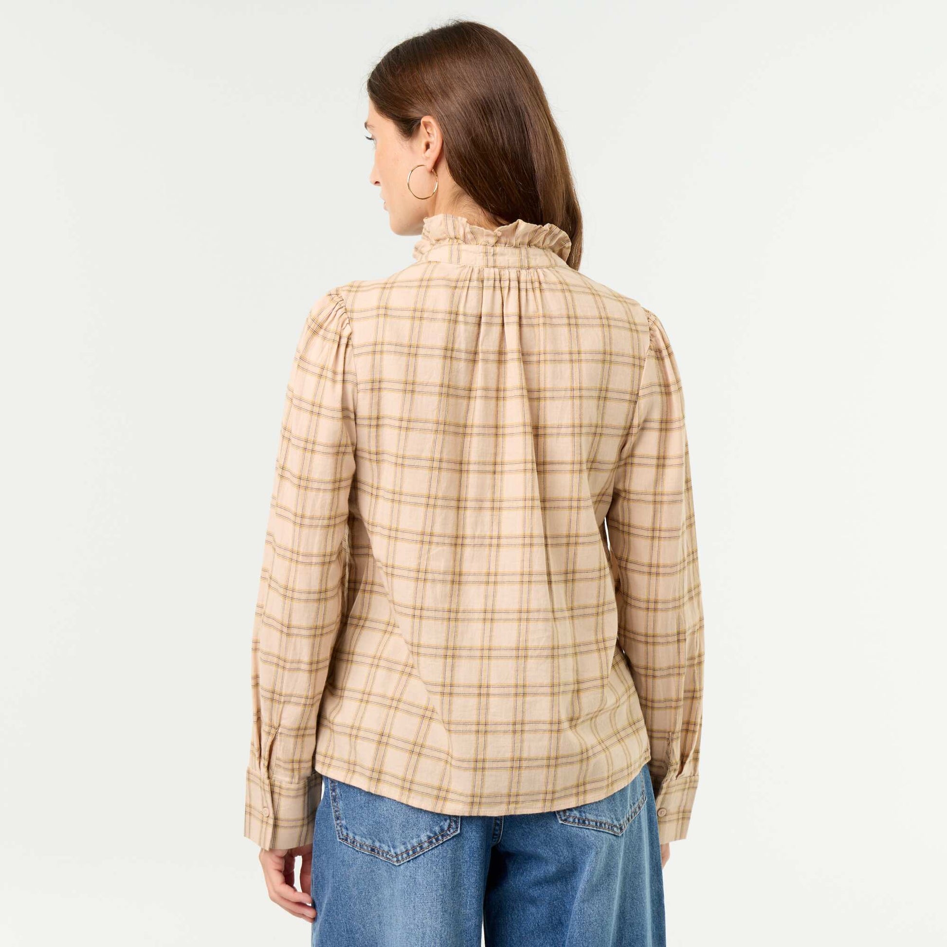 Ruffled Mock Neck Blouse BEIGE