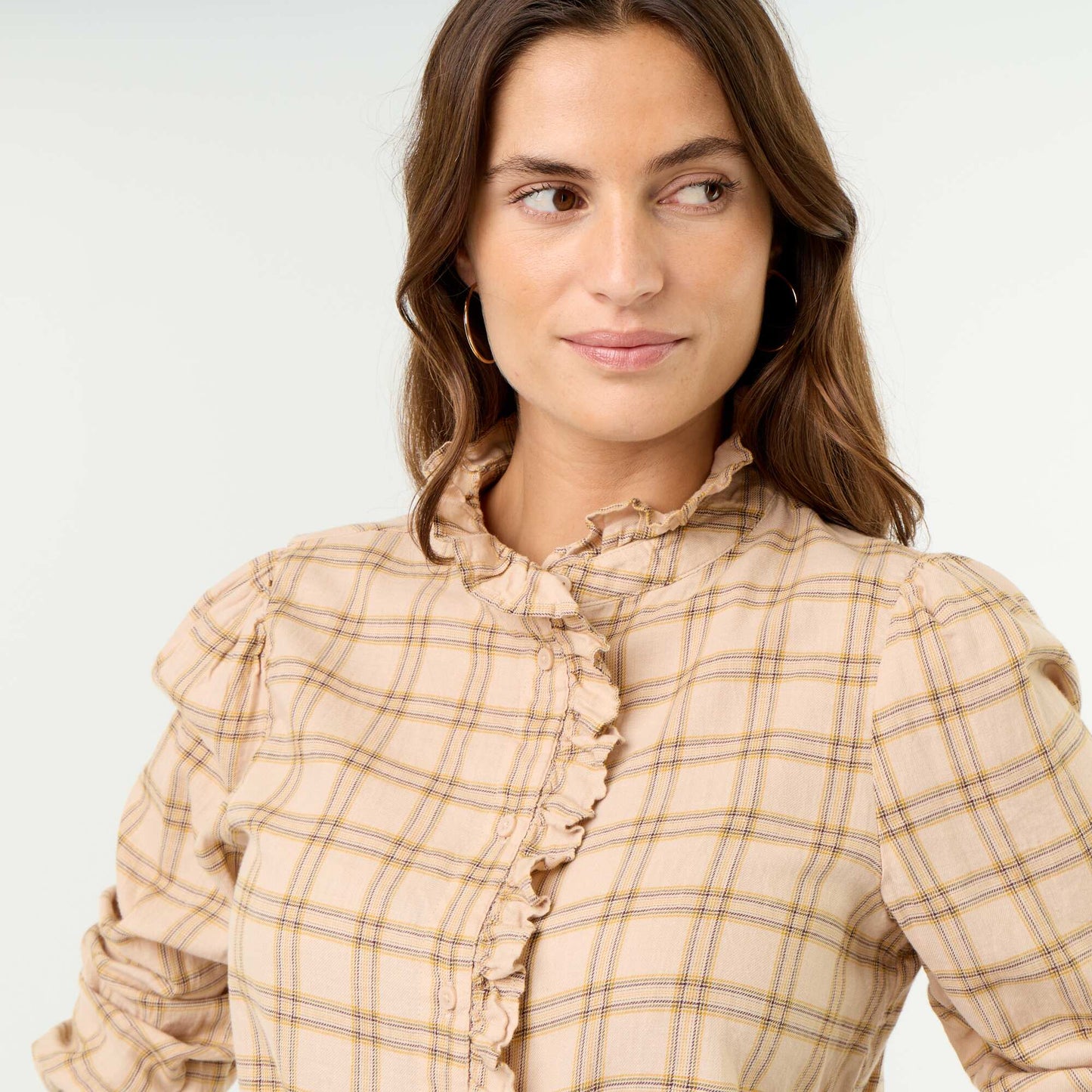 Ruffled Mock Neck Blouse BEIGE