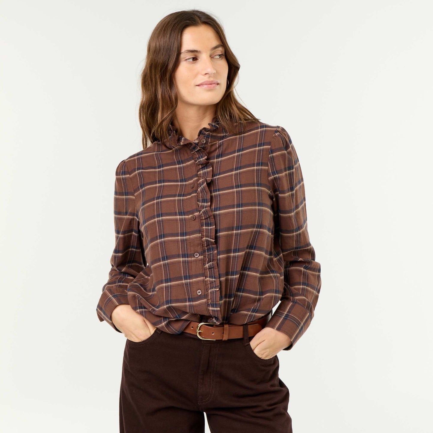 Ruffled Mock Neck Blouse BROWN