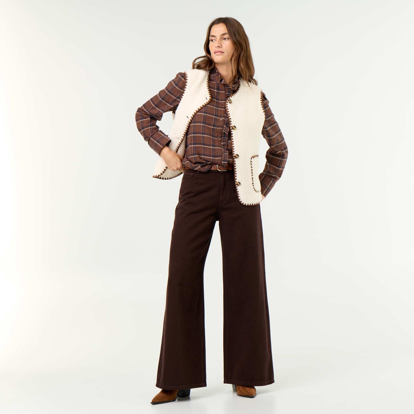 Ruffled Mock Neck Blouse BROWN