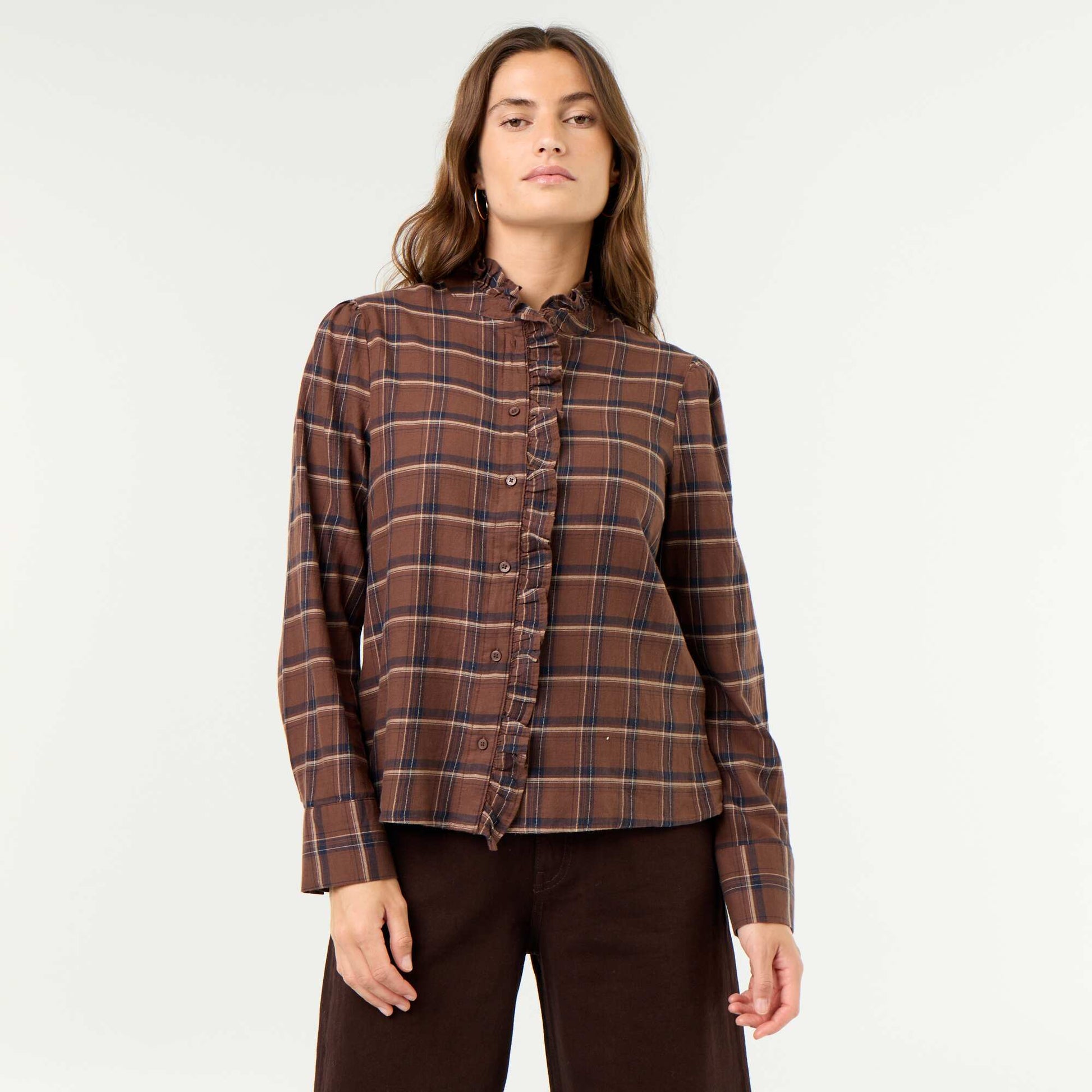 Ruffled Mock Neck Blouse BROWN