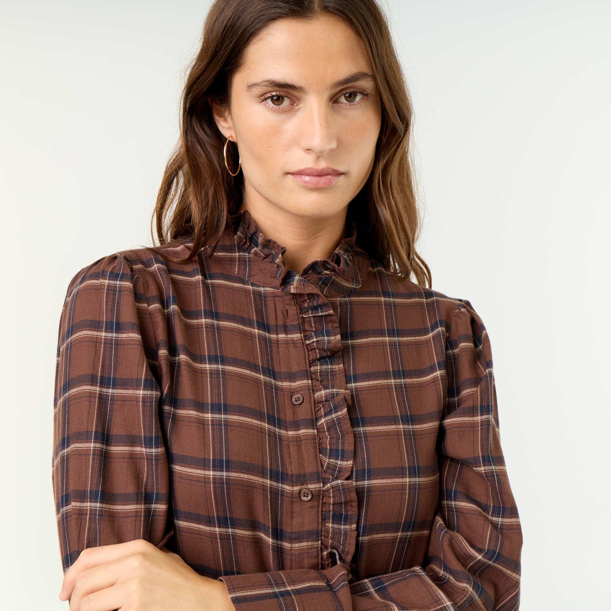 Ruffled Mock Neck Blouse BROWN