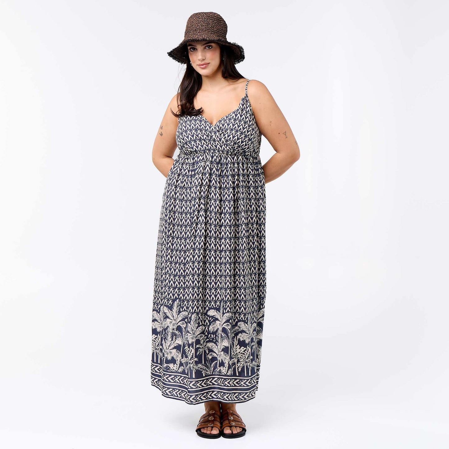 Patterned midi dress with thin adjustable straps GREY