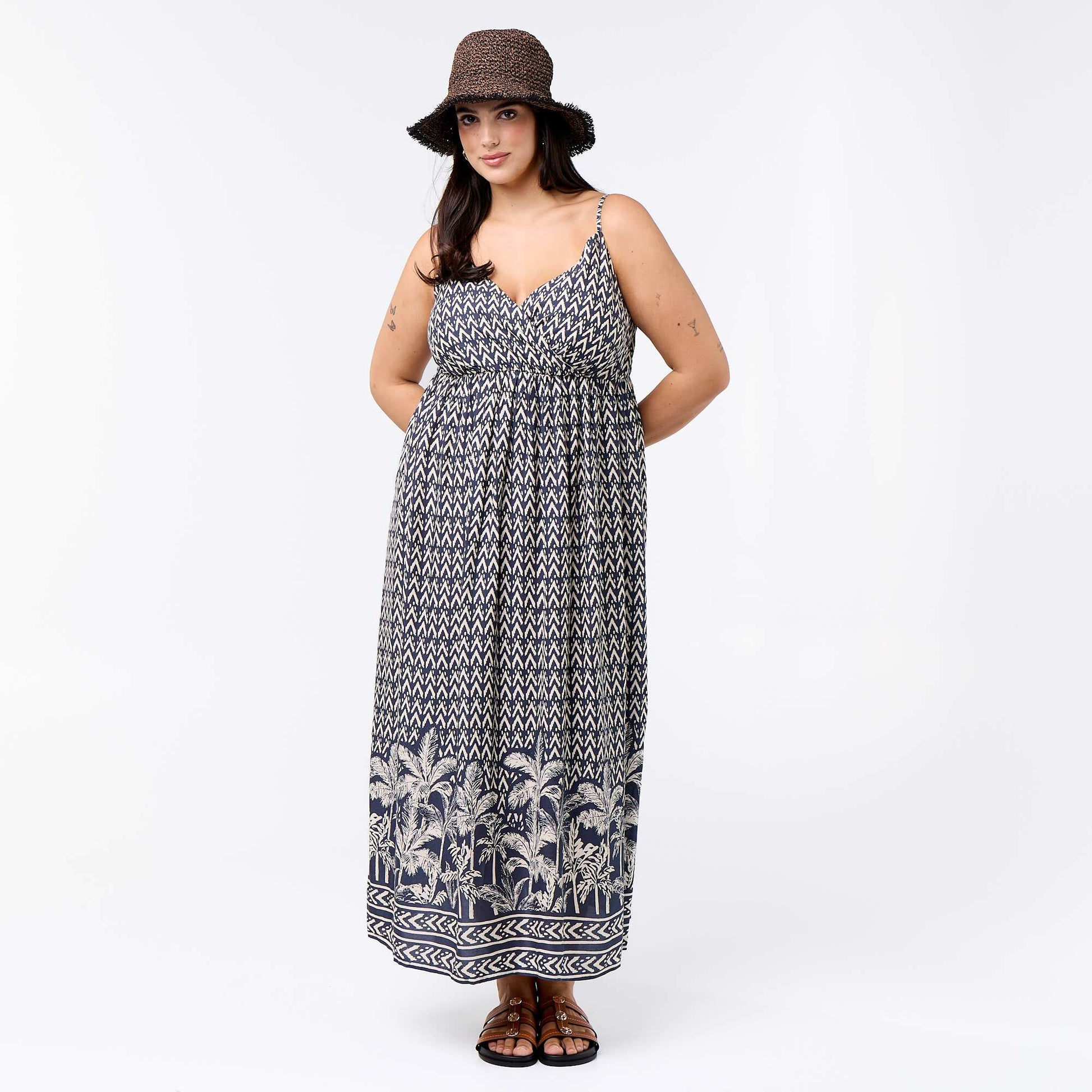 Patterned midi dress with thin adjustable straps GREY