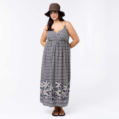 Patterned midi dress with thin adjustable straps GREY
