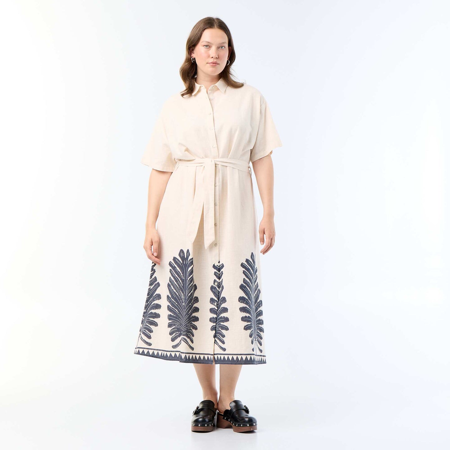 Short-Sleeved Long Shirt Dress BEIGE